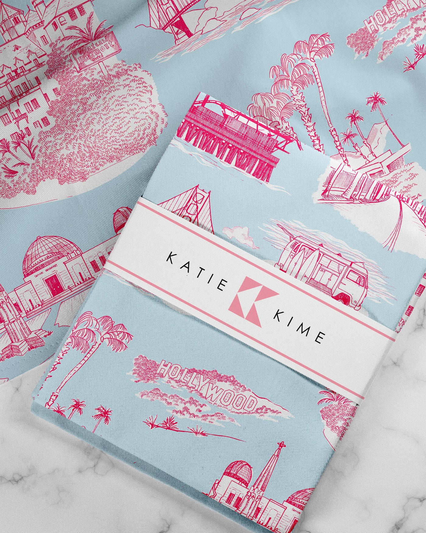 California Toile Tea Towel Set Tea Towel Light Blue Pink Katie Kime