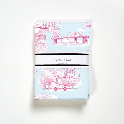 California Toile Tea Towel Set Tea Towel Light Blue Pink Katie Kime