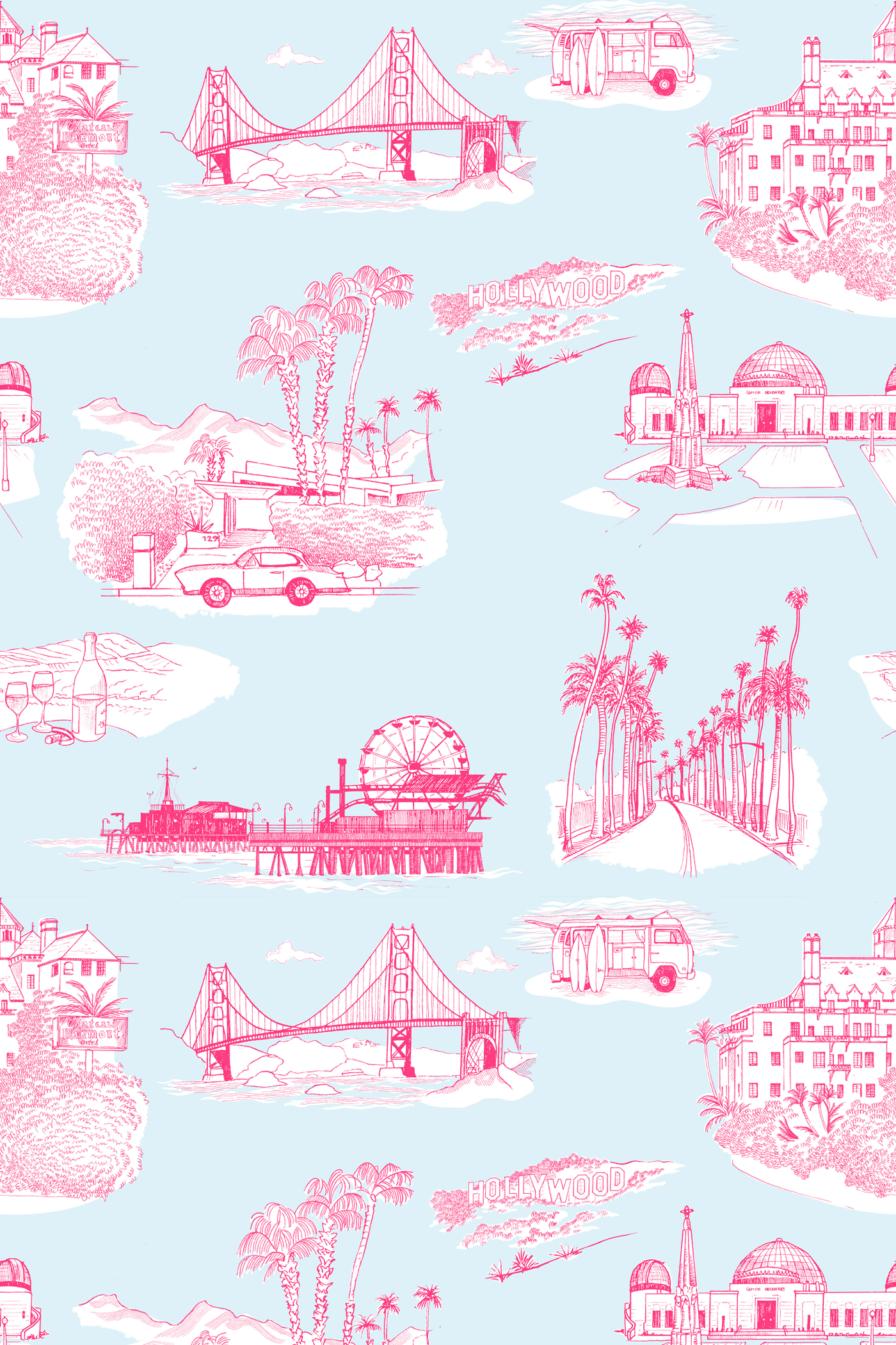 California Toile Traditional Wallpaper Wallpaper Light Blue Pink / Double Roll Katie Kime