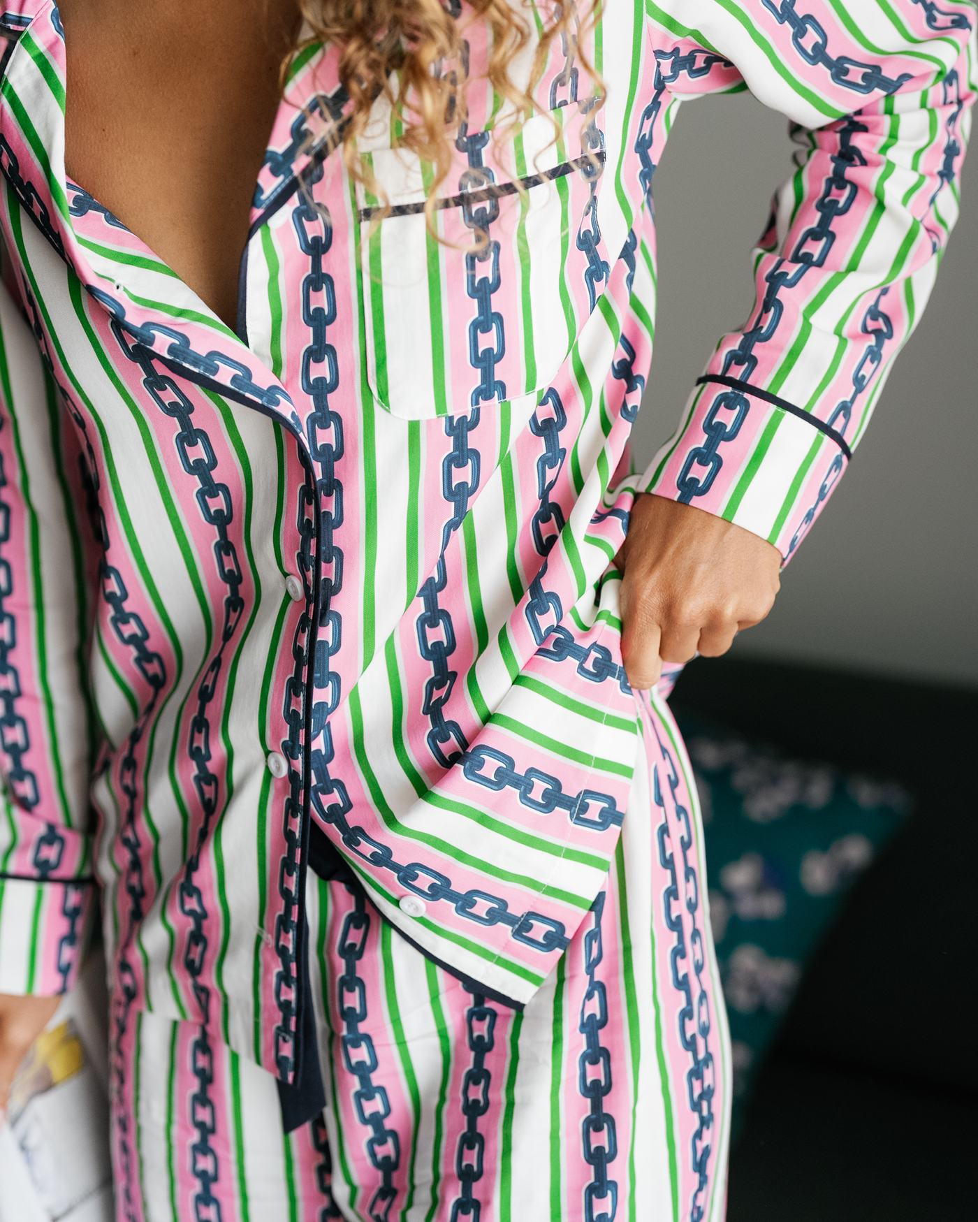 Chain Stripe Long Sleeve Pajama Pants Set Pajama Set Katie Kime