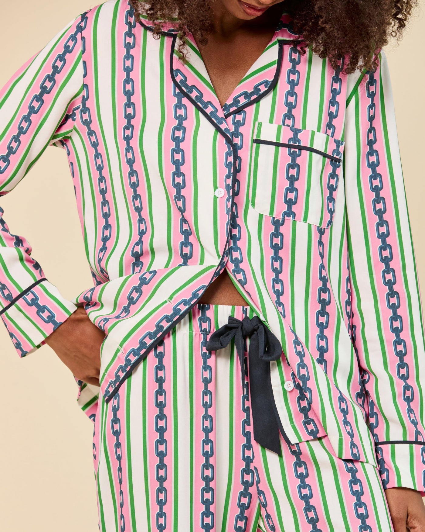 Chain Stripe Long Sleeve Pajama Pants Set Pajama Set Katie Kime