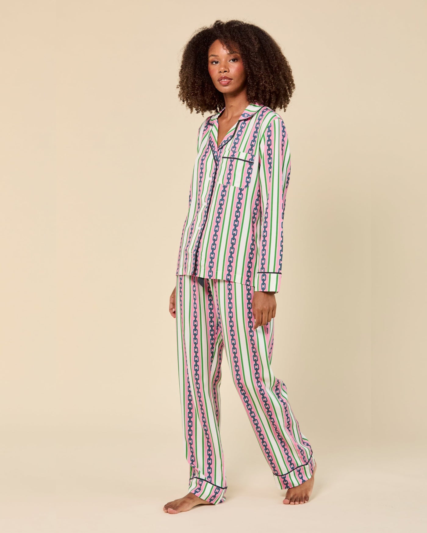 Chain Stripe Long Sleeve Pajama Pants Set Pajama Set Katie Kime