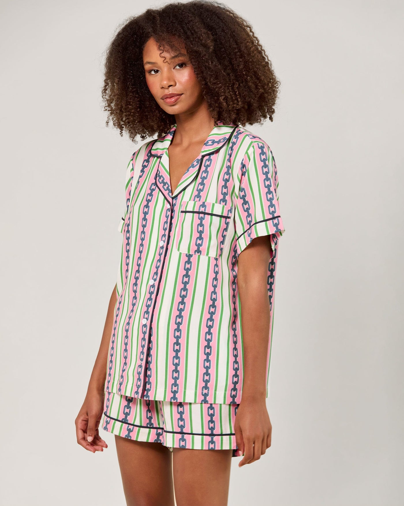 Chain Stripe Pajama Shorts Set Pajama Set Pink Green / XS Katie Kime