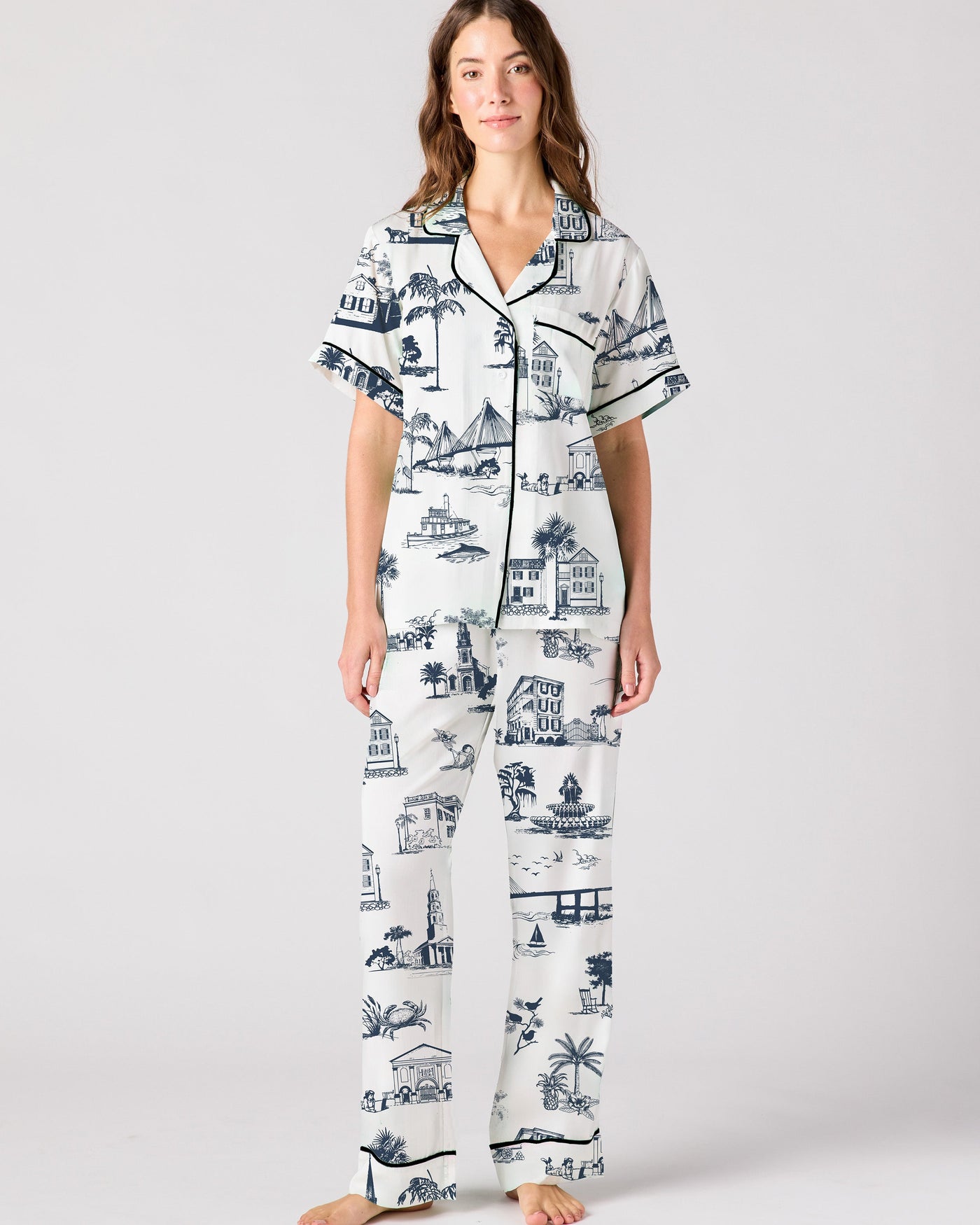 Charleston Toile Pajama Pants Set Pajama Set Navy / XXS Katie Kime