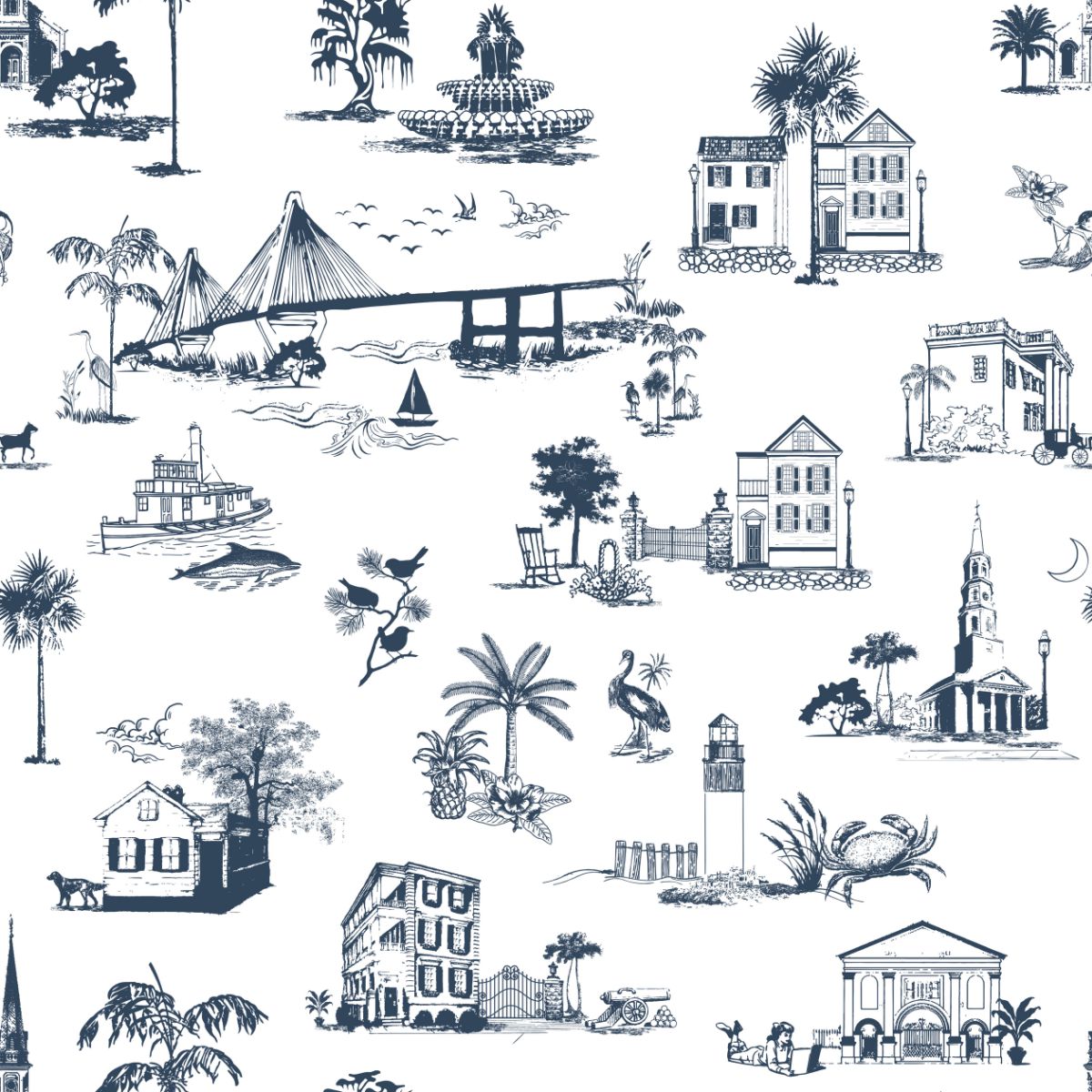 Charleston Toile Peel & Stick Wallpaper Peel & Stick Wallpaper Navy / 24" x 144" Katie Kime