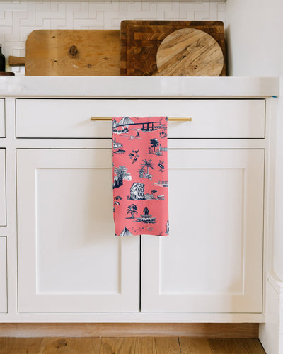 Charleston Toile Tea Towel Set Tea Towel Coral Navy Katie Kime