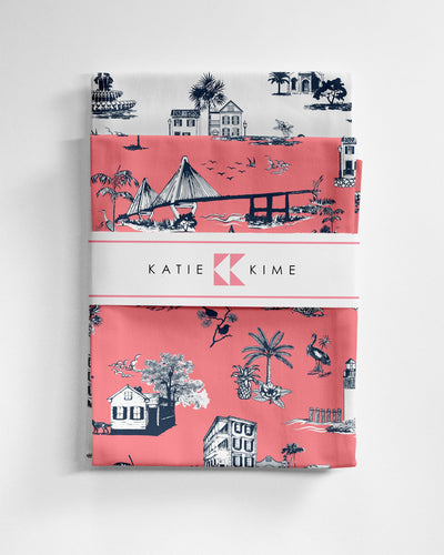 Charleston Toile Tea Towel Set Tea Towel Coral Navy Katie Kime