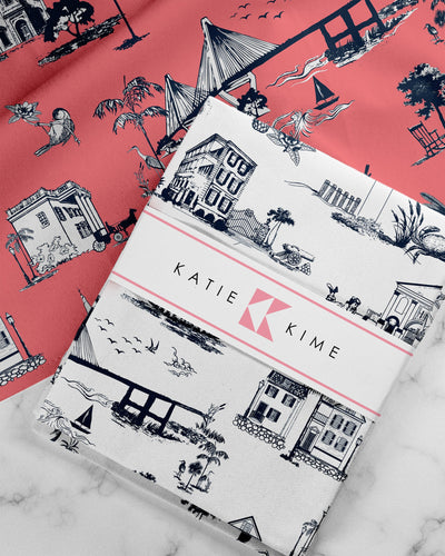 Charleston Toile Tea Towel Set Tea Towel Coral Navy Katie Kime
