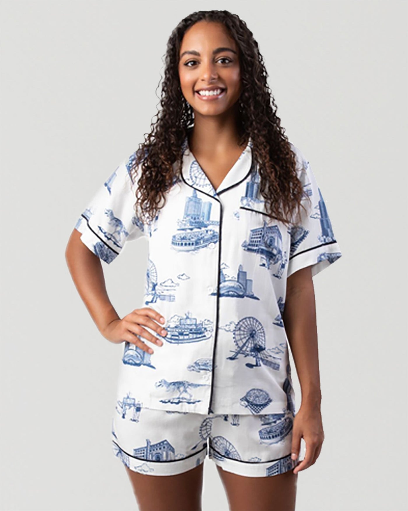 Chicago Toile Pajama Shorts Set Pajama Set Navy / XS Katie Kime
