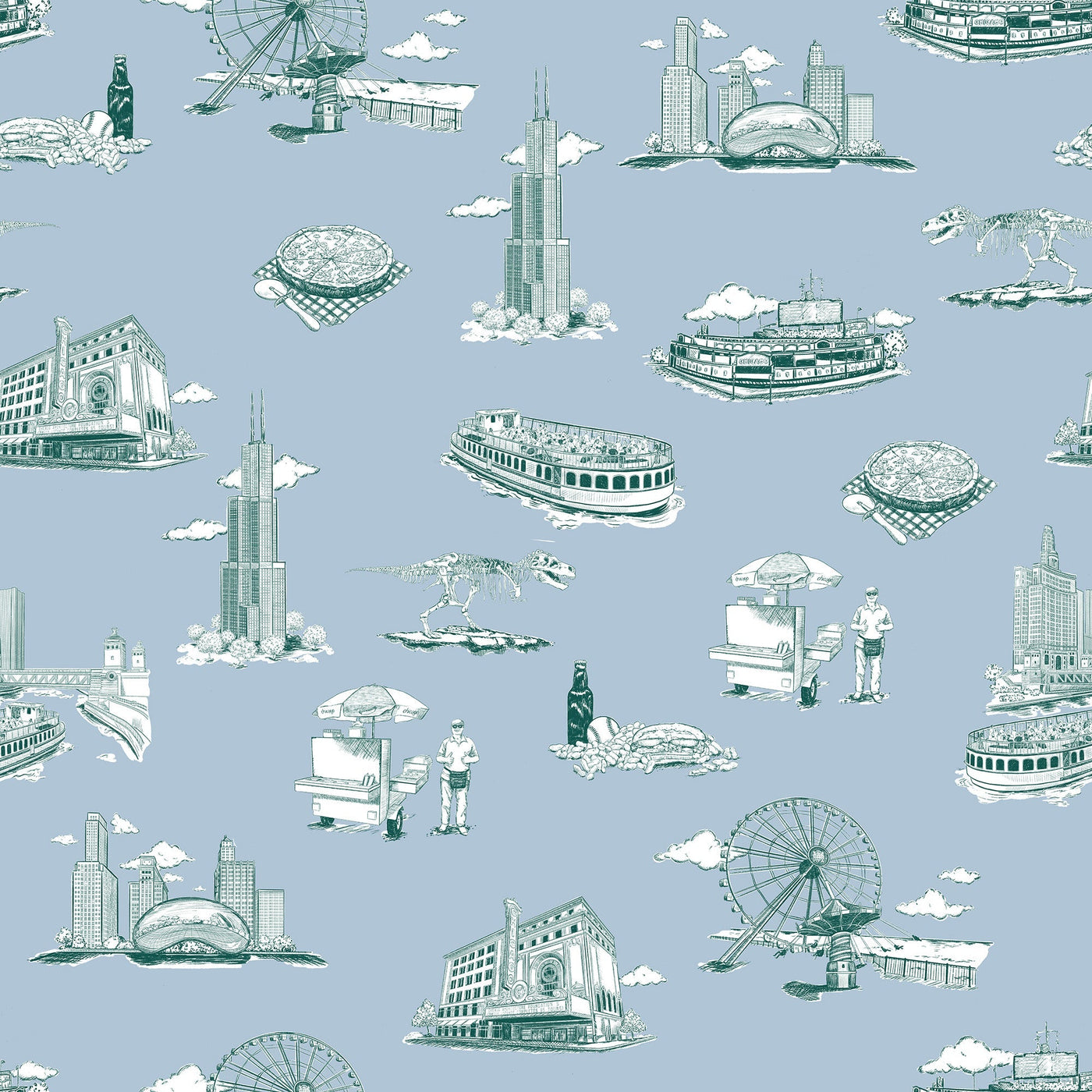 Wallpaper Double Roll / Blue Pine Chicago Toile Wallpaper Katie Kime