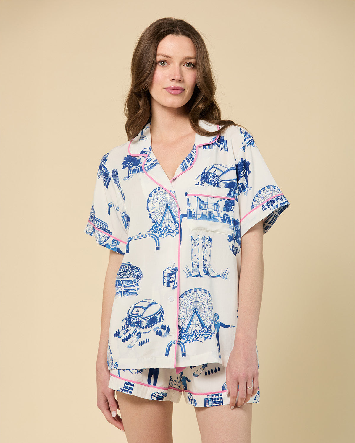 Dallas Toile Pajama Shorts Set Pajama Set Navy / XS Katie Kime