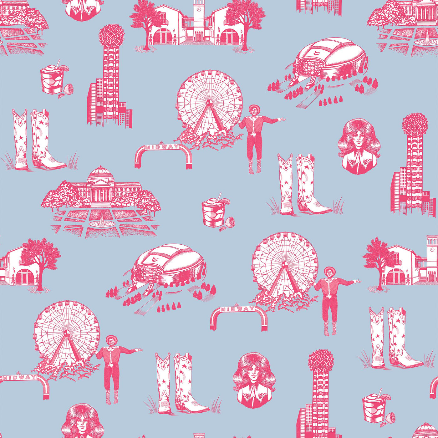 Dallas Toile Peel & Stick Wallpaper Peel & Stick Wallpaper Blue Pink / 24"x 48" Katie Kime