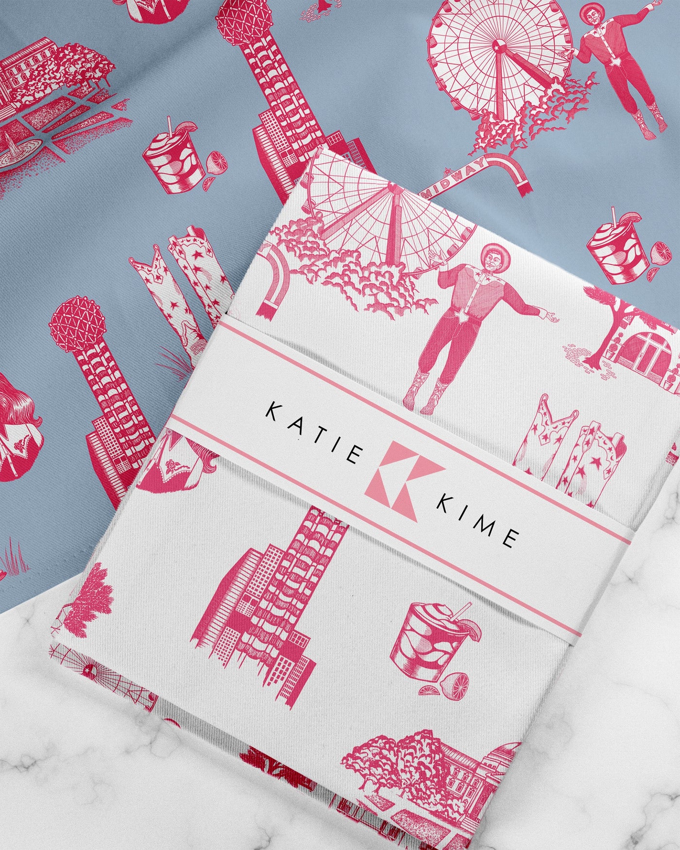 Dallas Toile Tea Towel Set Tea Towel Pink Blue Katie Kime