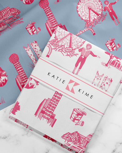 Dallas Toile Tea Towel Set Tea Towel Pink Blue Katie Kime