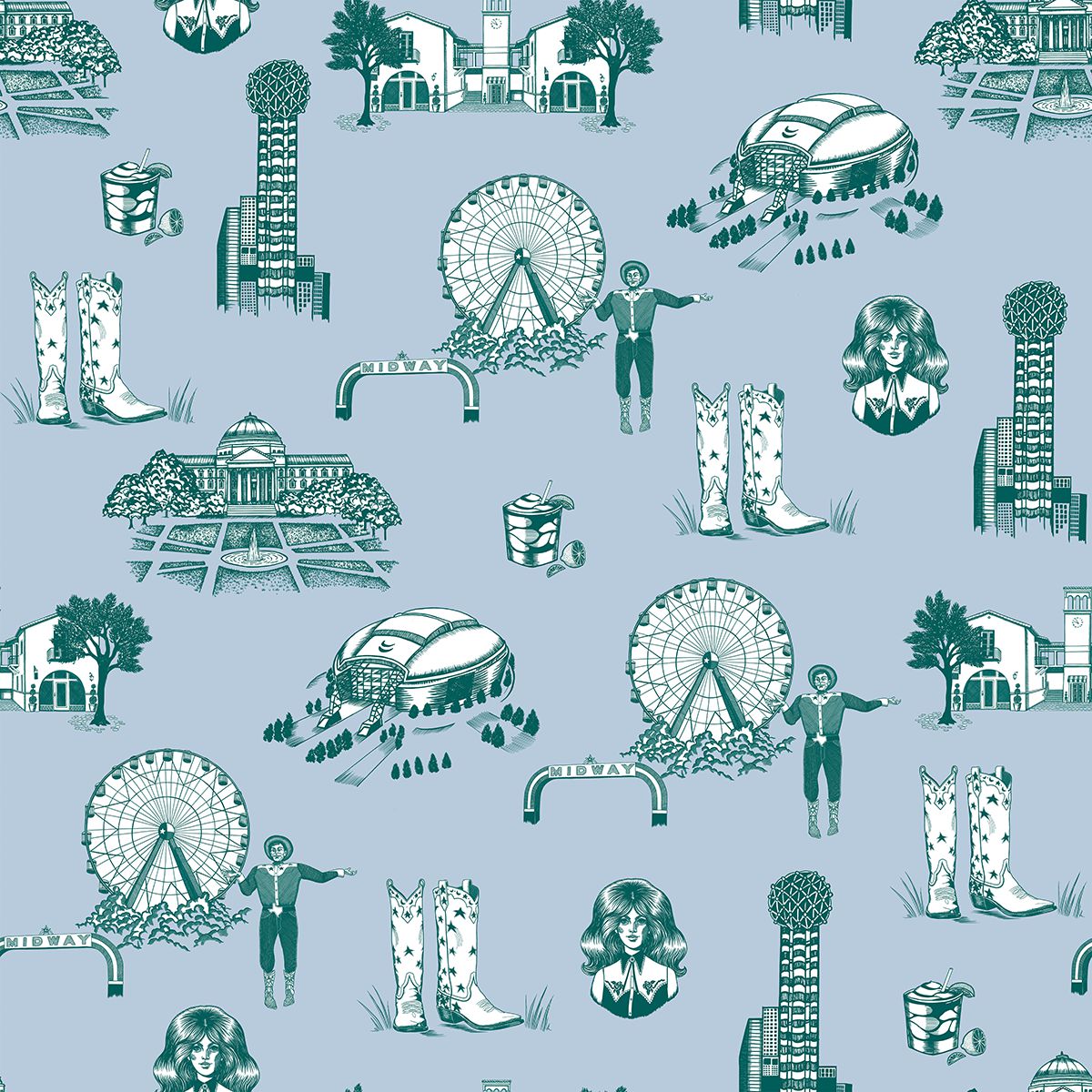 Dallas Toile Traditional Wallpaper Wallpaper Blue Pine / Double Roll Katie Kime