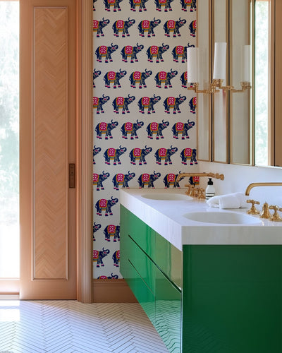 Elephants March Traditional Wallpaper Wallpaper Pink / Single Roll Katie Kime