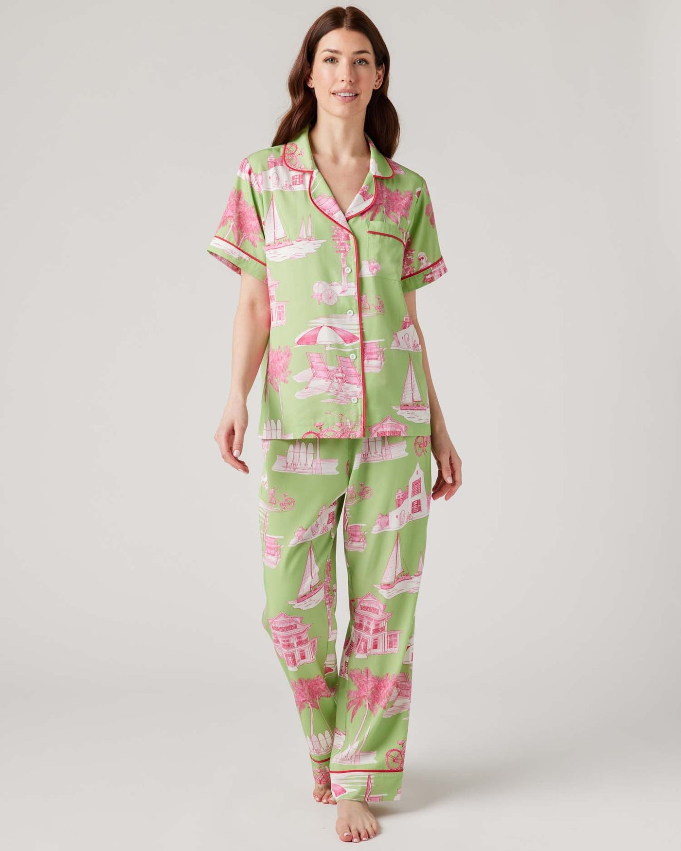 Florida Toile Pajama Pants Set Pajama Set Green Pink / XXS / Pants Katie Kime