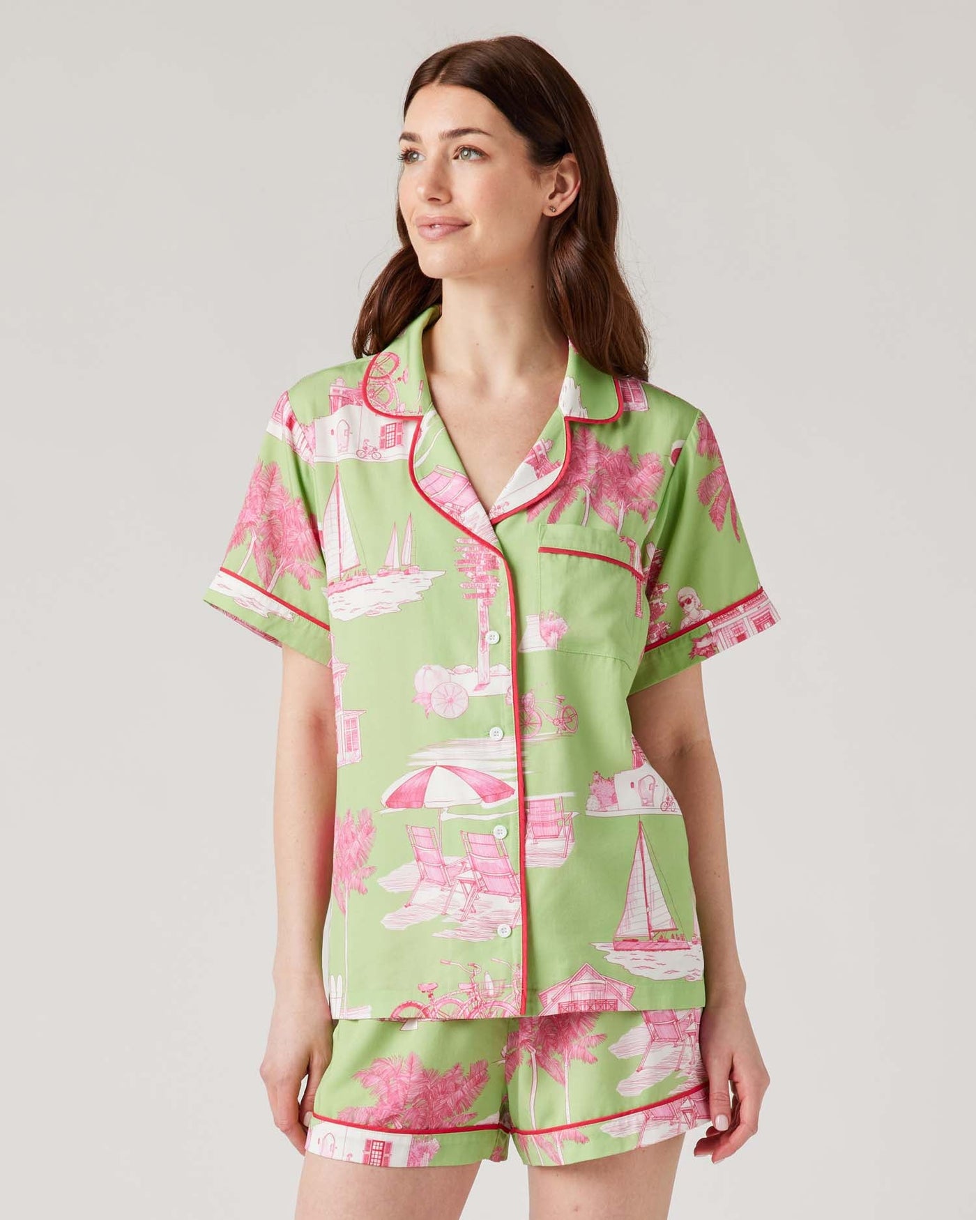 Florida Toile Pajama Pants Set Pajama Set Green Pink / XXS / Shorts Katie Kime