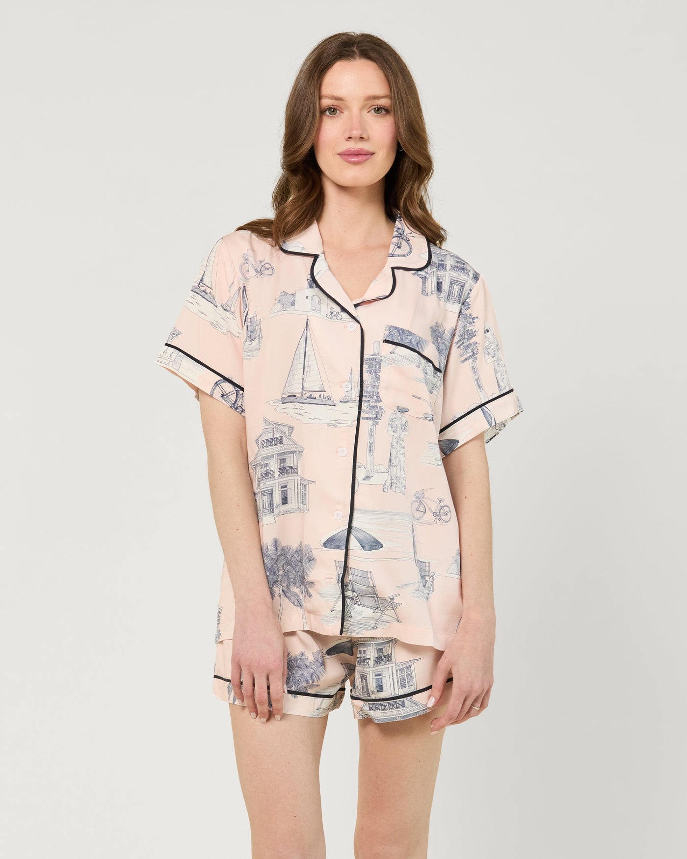 Florida Toile Pajama Shorts Set Pajama Set Pink Navy / XXS Katie Kime