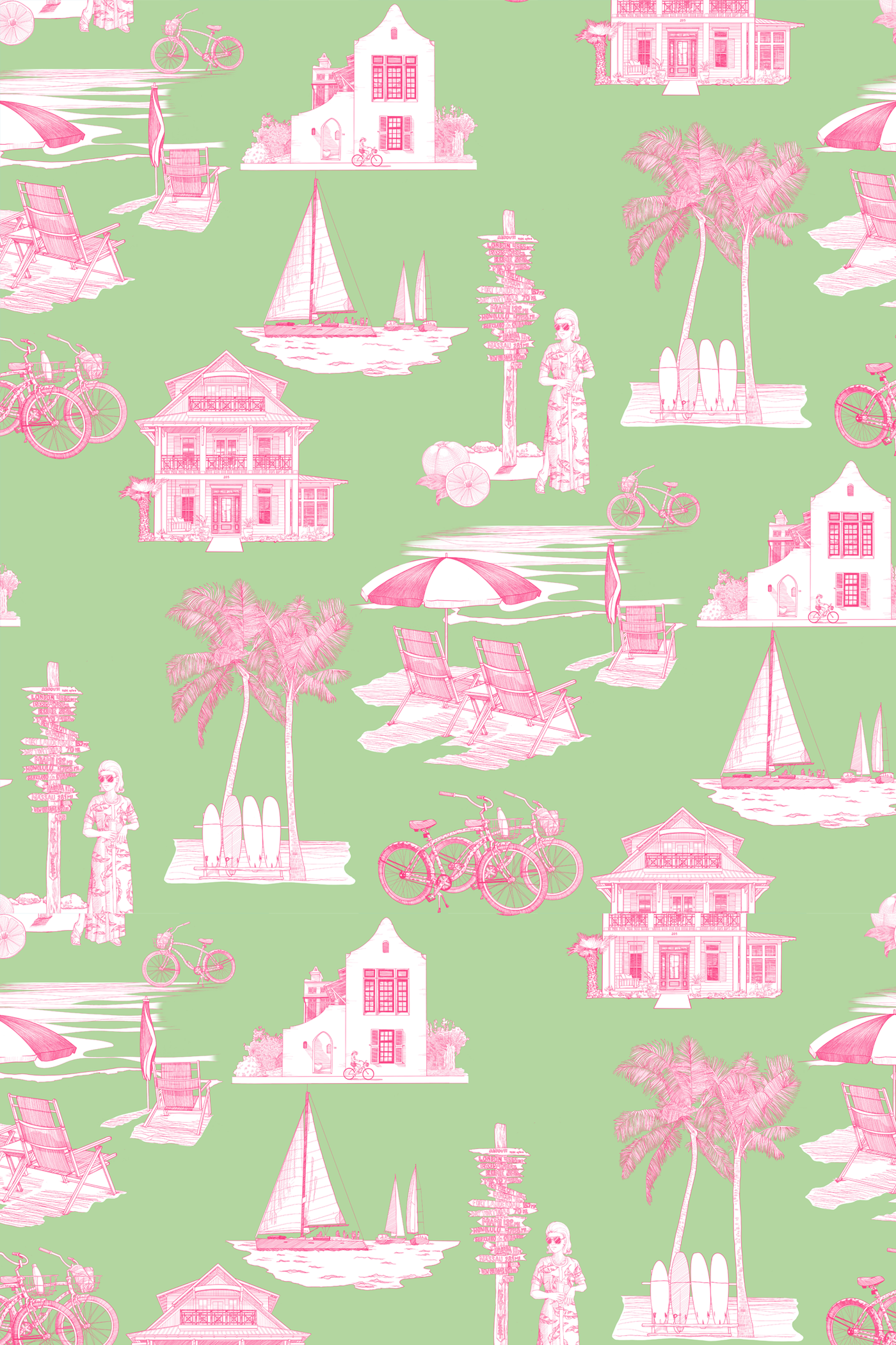 Florida Toile Peel & Stick Wallpaper Peel & Stick Wallpaper Green Pink / 24" x 144" Katie Kime