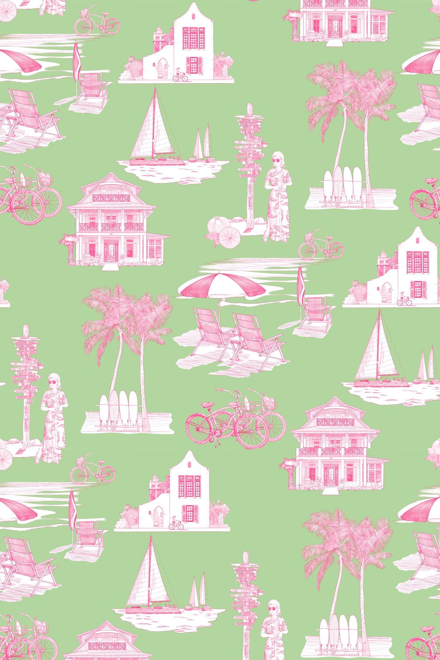 Florida Toile Peel & Stick Wallpaper Peel & Stick Wallpaper Green Pink / 24" x 144" Katie Kime