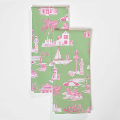Florida Toile Tea Towel Set Tea Towel Green Pink Katie Kime