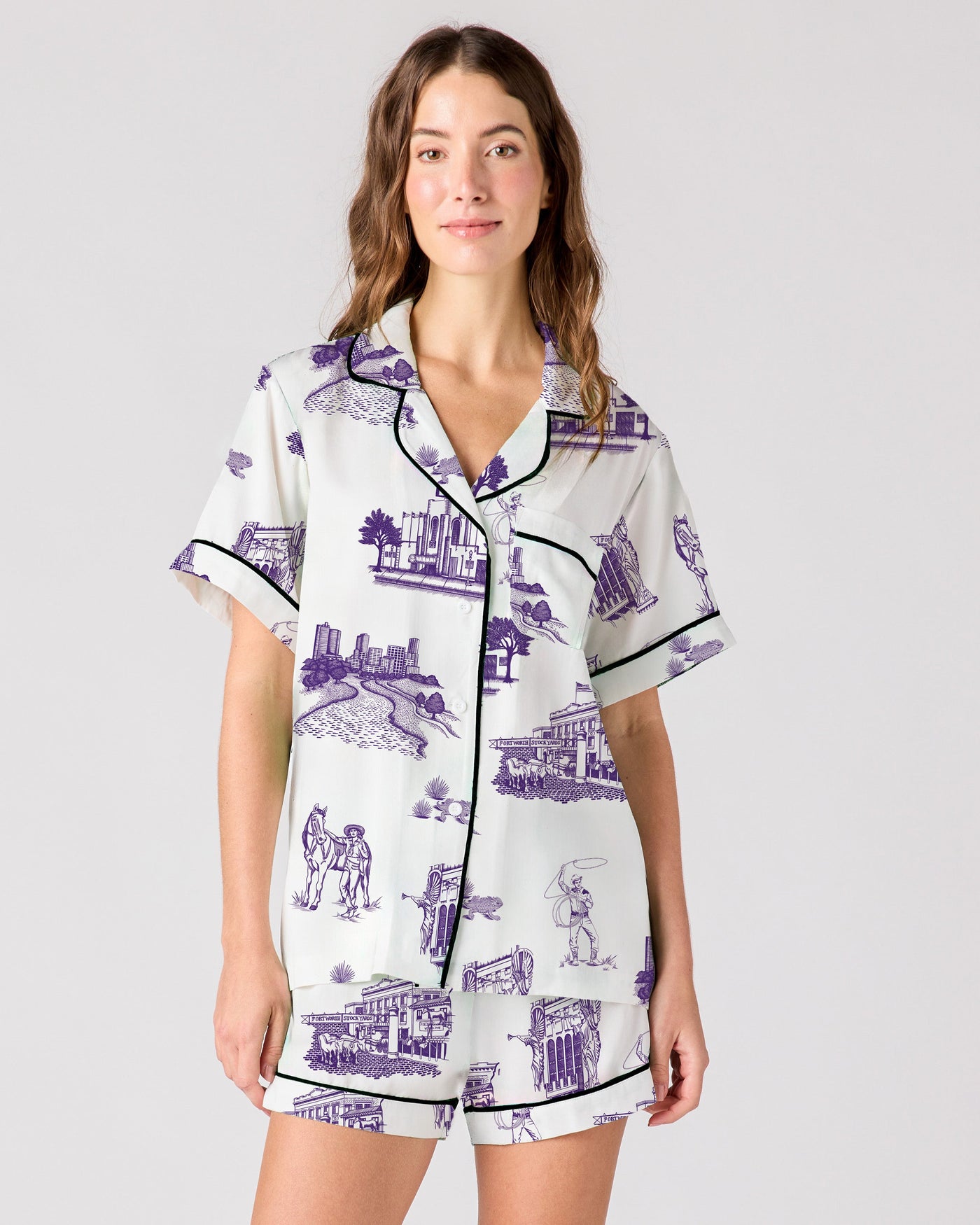 Fort Worth Toile Pajama Shorts Set Pajama Set Purple / XXS Katie Kime