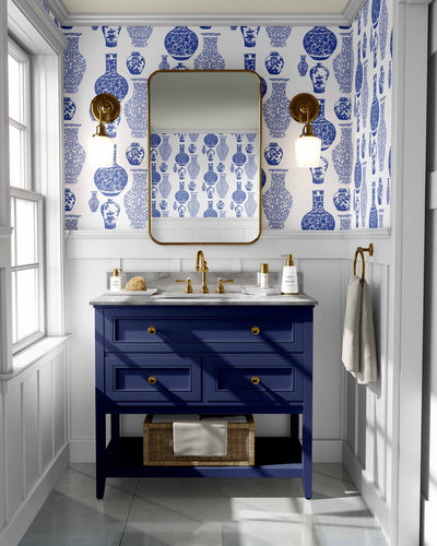 Ginger Jars Traditional Wallpaper Wallpaper Red Blue / Single Roll Katie Kime