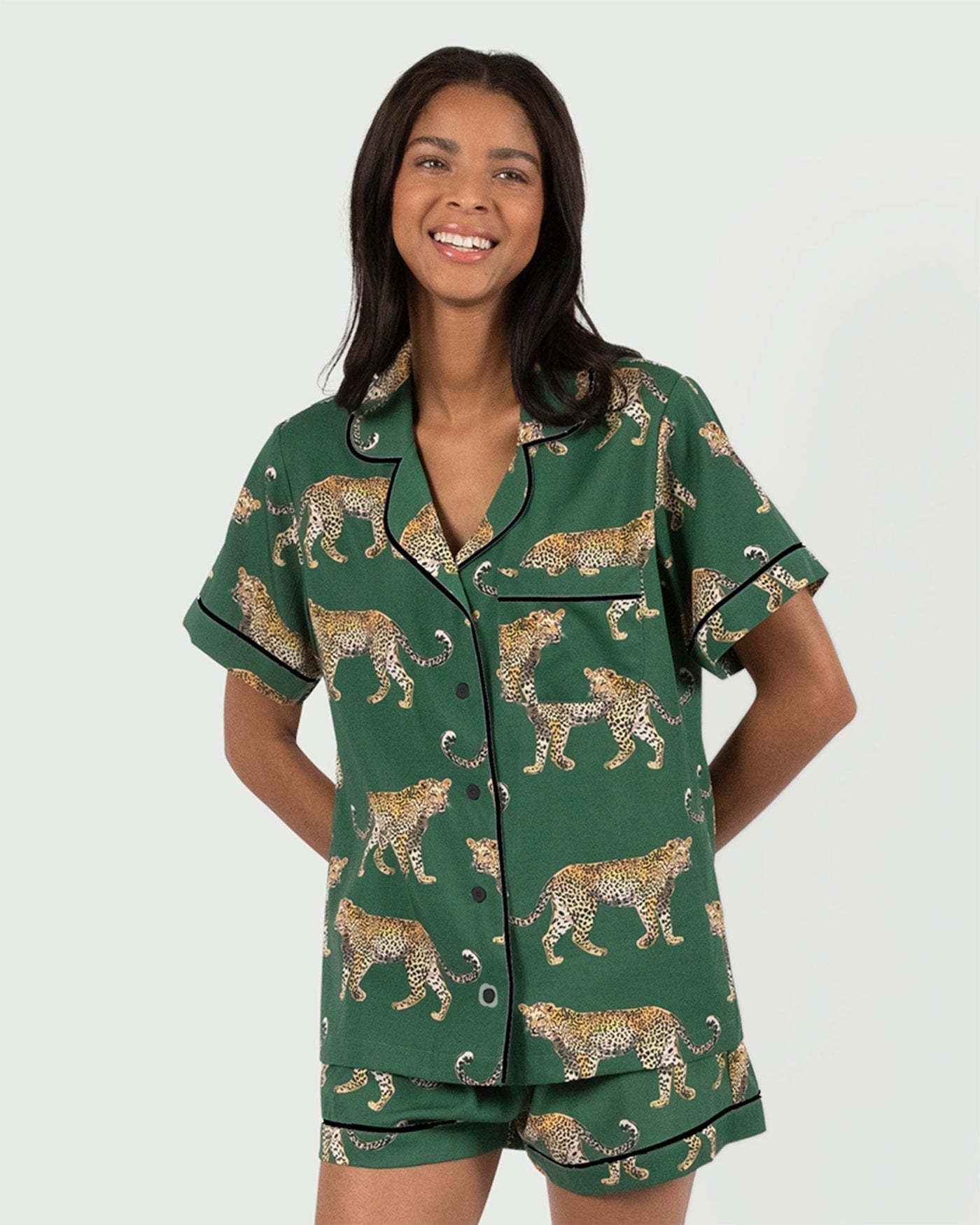 Cheetah Pajama Shorts Set Pajama Set Green / XXS Katie Kime
