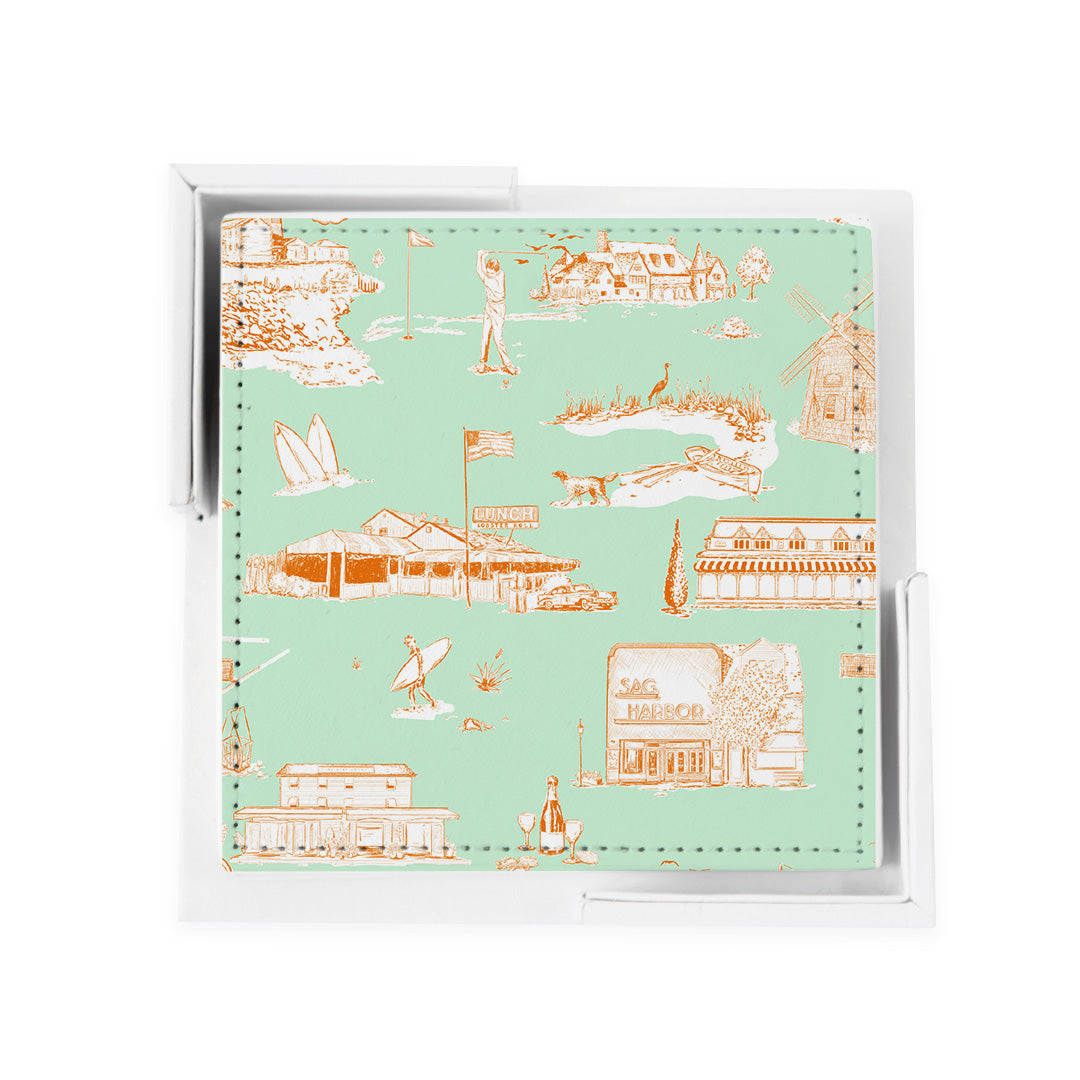 Hamptons Toile Coaster Set Coaster Set Mint Orange Katie Kime