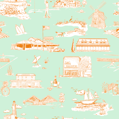 Hamptons Toile Peel & Stick Wallpaper Peel & Stick Wallpaper Mint Orange / 24" x 144" Katie Kime