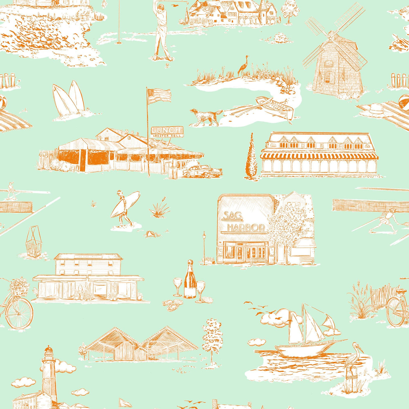 Hamptons Toile Peel & Stick Wallpaper Peel & Stick Wallpaper Mint Orange / 24" x 144" Katie Kime