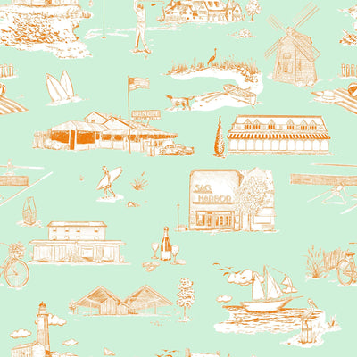 Hamptons Toile Peel & Stick Wallpaper Peel & Stick Wallpaper Mint Orange / 24" x 144" Katie Kime