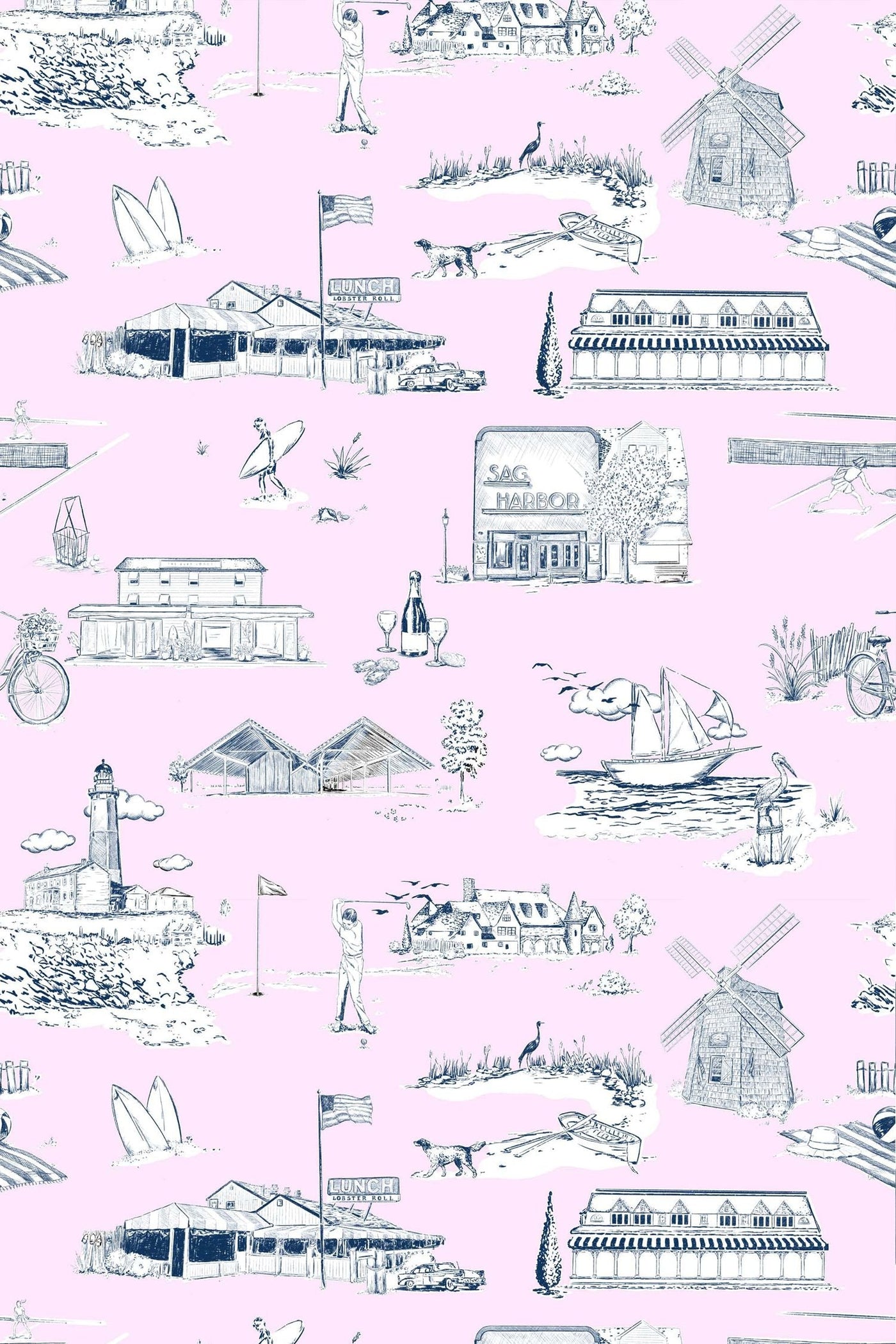 Hamptons Toile Peel & Stick Wallpaper Peel & Stick Wallpaper Pink Green / 12 Ft - Full Bleed Katie Kime