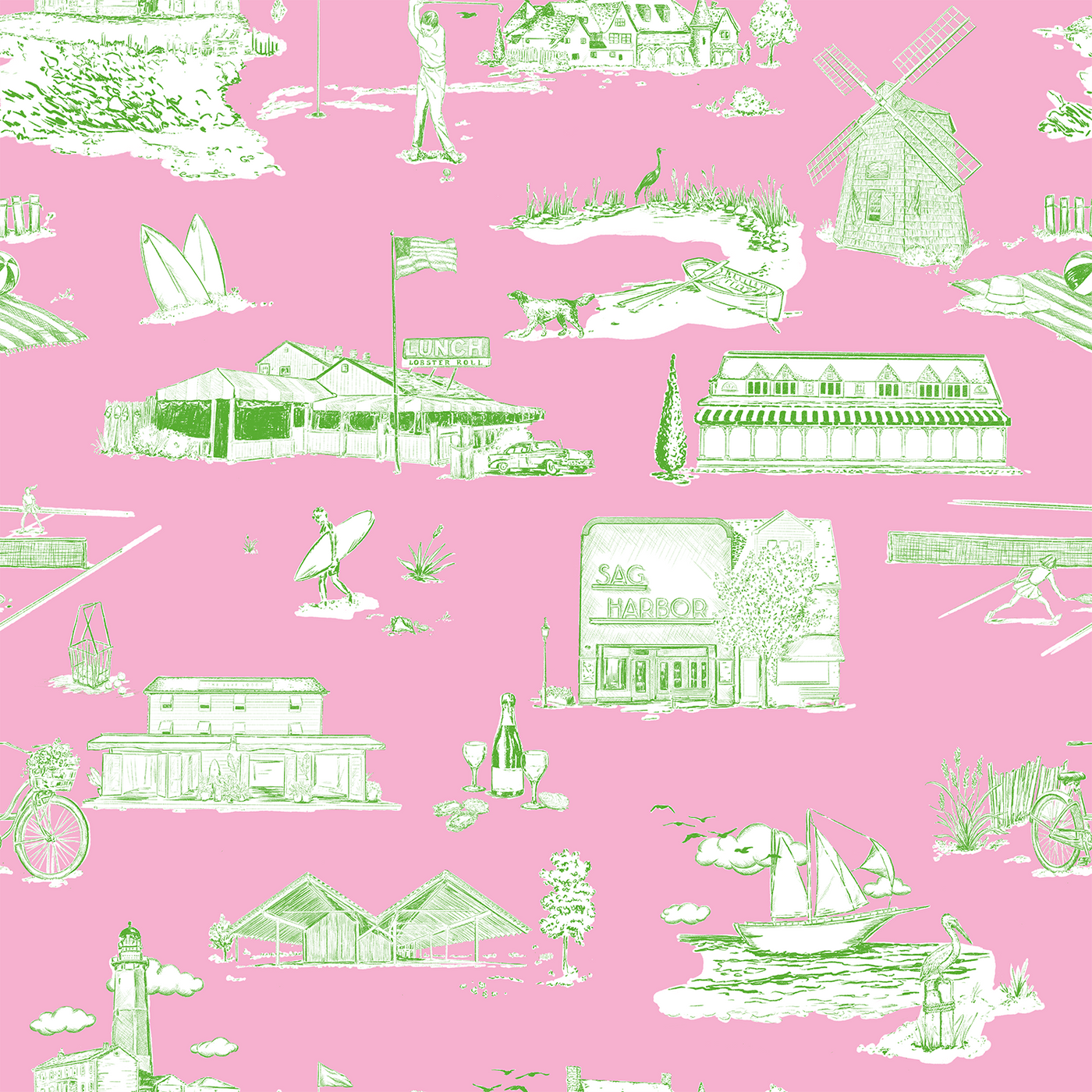 Hamptons Toile Peel & Stick Wallpaper Peel & Stick Wallpaper Pink Green / 24" x 144" Katie Kime