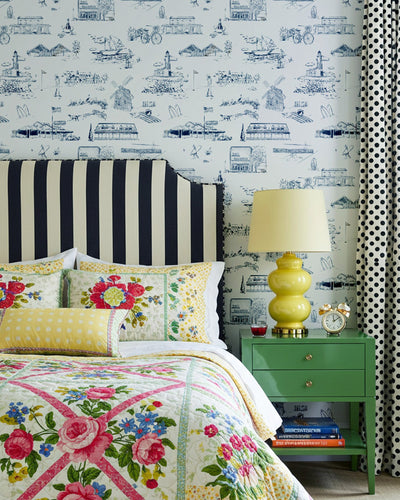 Hamptons Toile Traditional Wallpaper Wallpaper Berry Navy / Single Roll Full Bleed Katie Kime