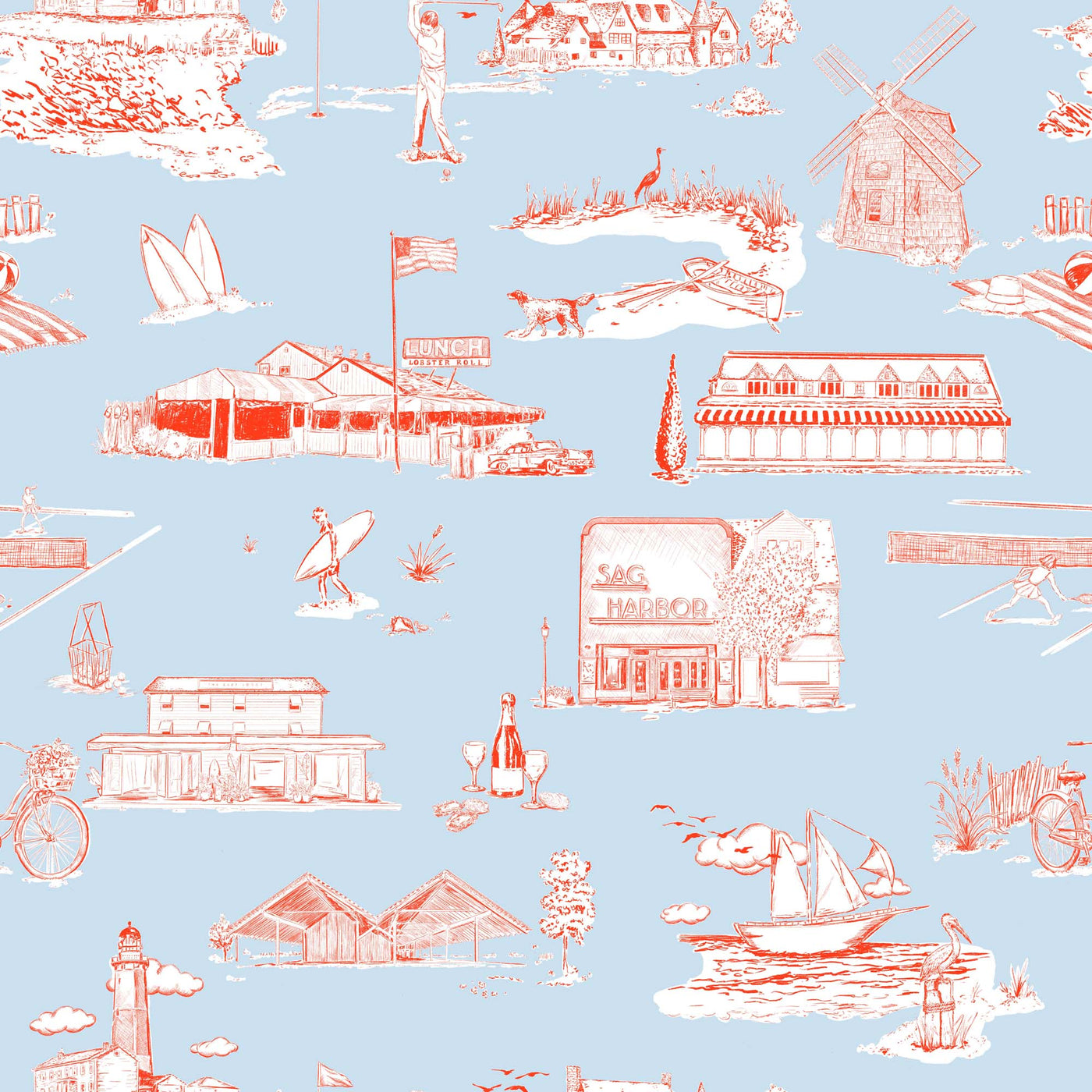 Hamptons Toile Traditional Wallpaper Wallpaper Light Blue Red / Double Roll Katie Kime