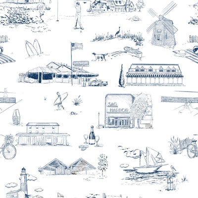 Hamptons Toile Traditional Wallpaper Wallpaper Navy / Double Roll Katie Kime