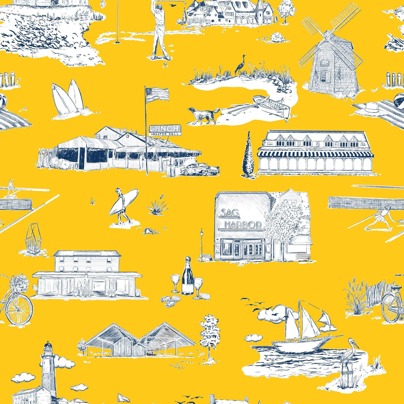 Wallpaper Double Roll / Yellow Navy Hamptons Toile Wallpaper Katie Kime