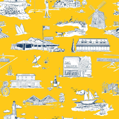 Hamptons Toile Traditional Wallpaper Wallpaper Yellow Navy / Double Roll Katie Kime
