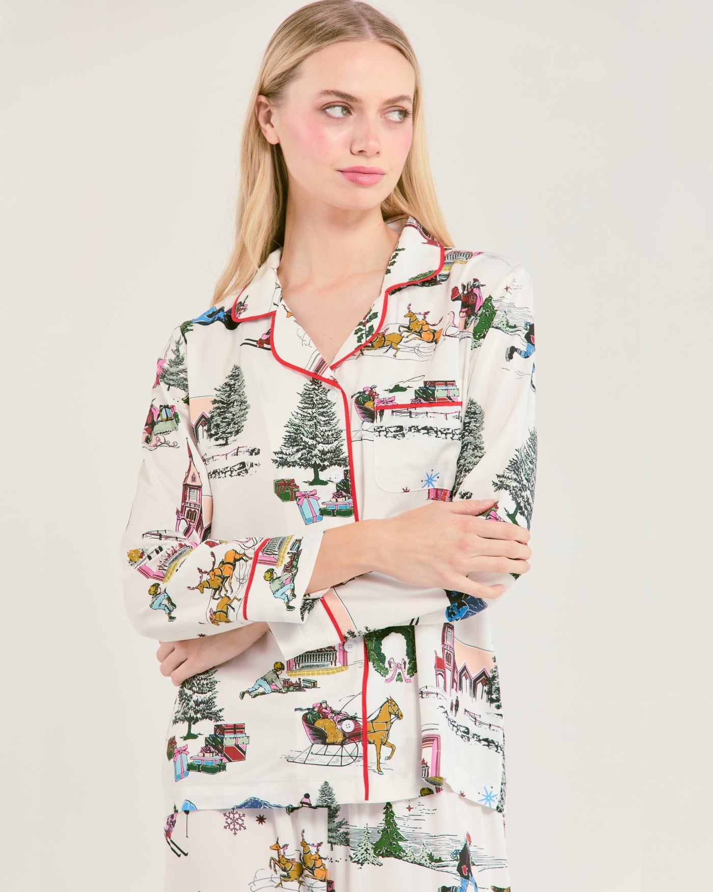 Holiday Toile Long Sleeve Pajama Pants Set Pajama Set Katie Kime