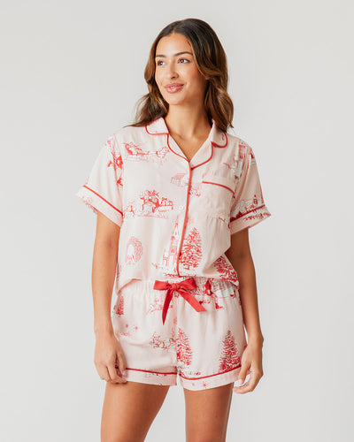 Holiday Toile Pajama Shorts Set Pajama Set Pink Red / XXS Katie Kime