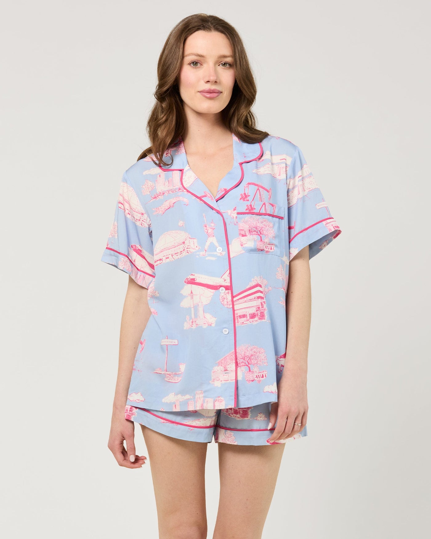 Houston Toile Pajama Shorts Set Pajama Set Blue Pink / XS Katie Kime