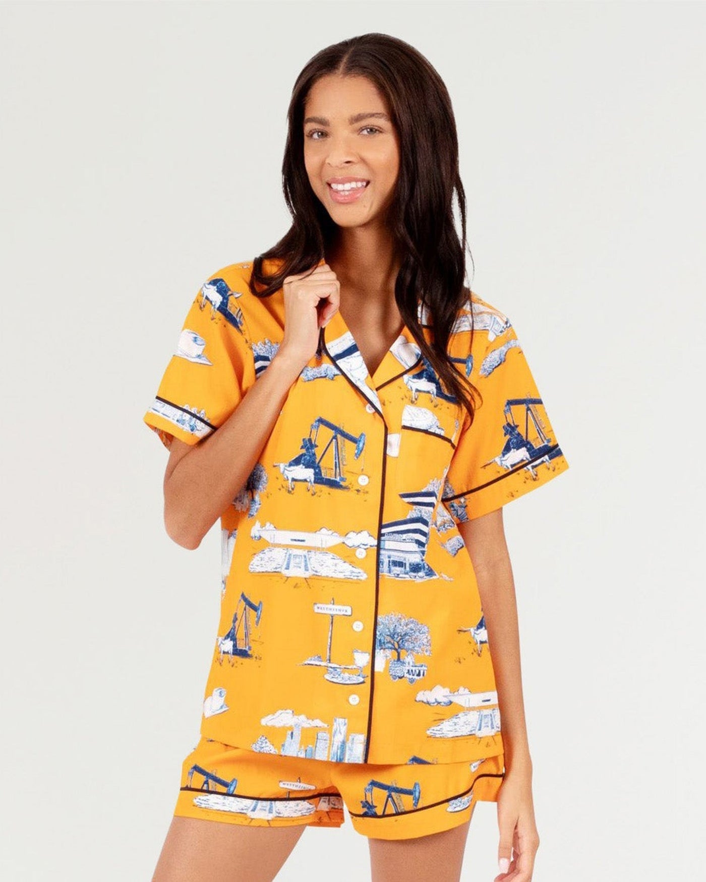 Houston Toile Pajama Shorts Set Pajama Set Orange Navy / XXS Katie Kime
