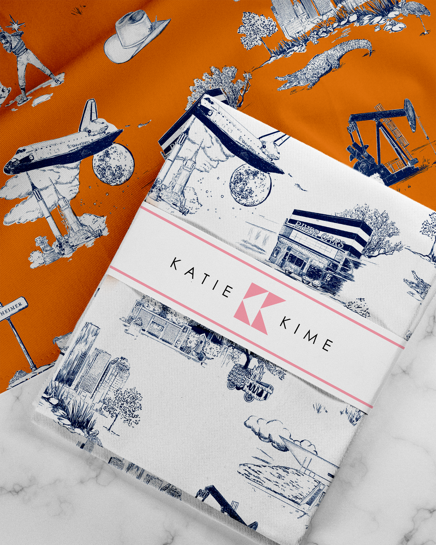 Houston Toile Tea Towel Set Tea Towel Orange Navy Katie Kime