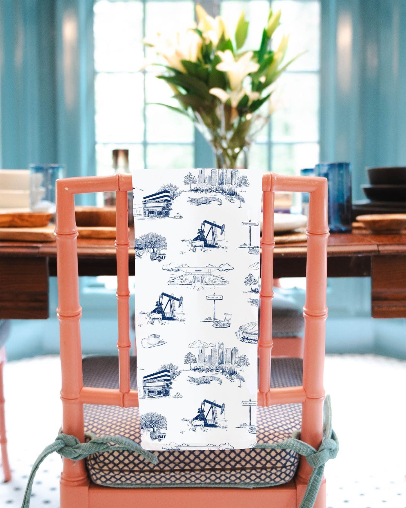 Houston Toile Tea Towel Set Tea Towel Orange Navy Katie Kime