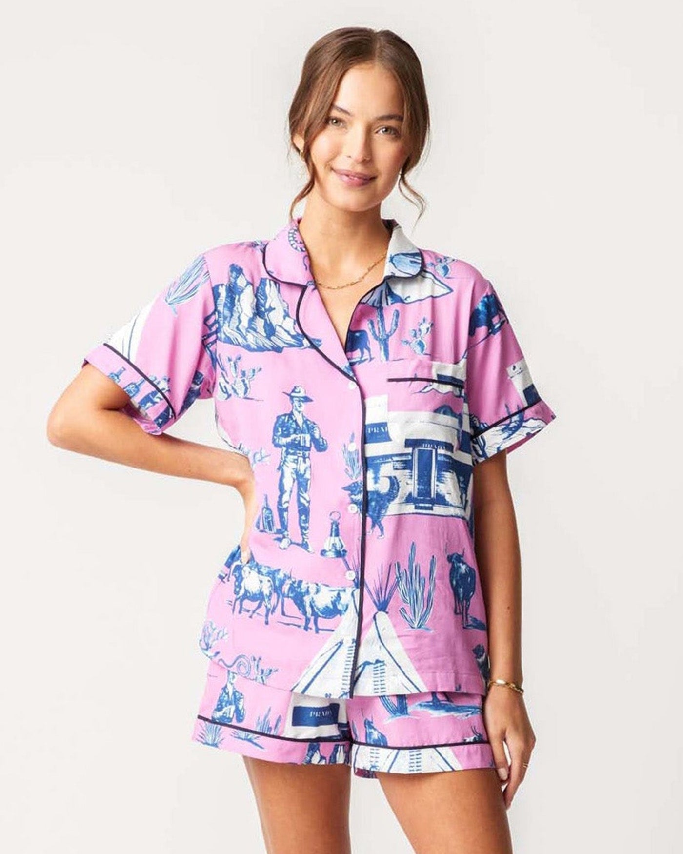 Marfa Toile Pajama Shorts Set Pajama Set Pink Navy / XXS Katie Kime