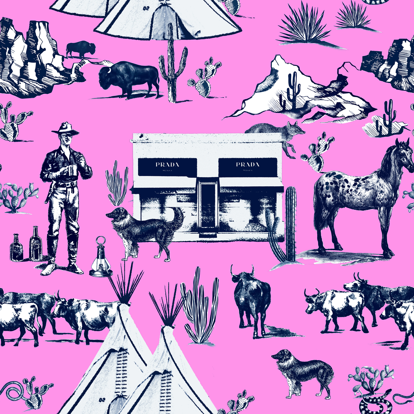 Marfa Toile Peel & Stick Wallpaper Peel & Stick Wallpaper Pink Navy / Sample Katie Kime