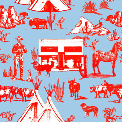 Marfa Toile Traditional Wallpaper Wallpaper Blue Red / Double Roll Katie Kime