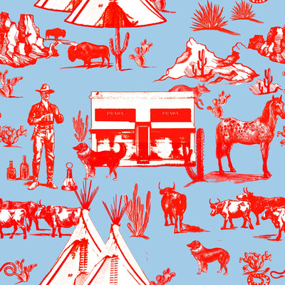 Marfa Toile Traditional Wallpaper Wallpaper Blue Red / Sample Katie Kime